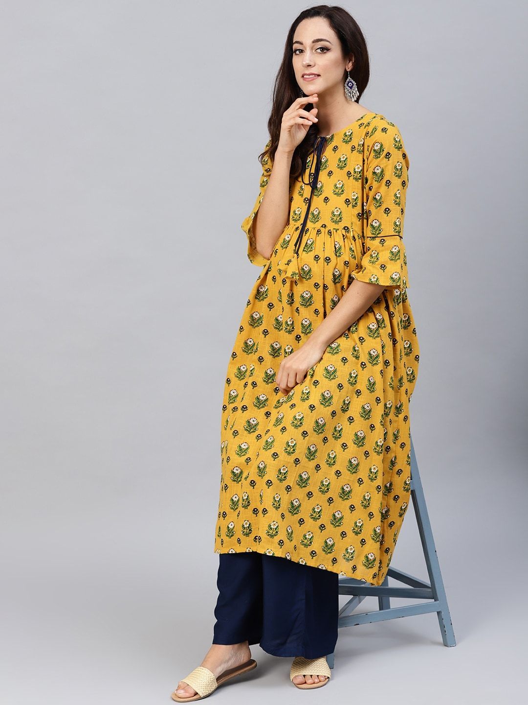 Women's  Mustard Yellow & Green Printed A-Line Maternity Kurta