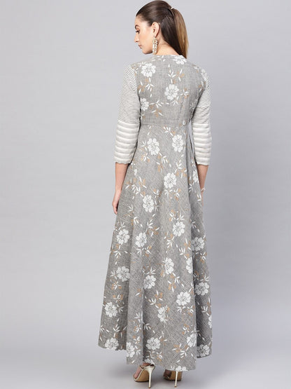 Women's  Grey & White Floral Print Maxi Dress