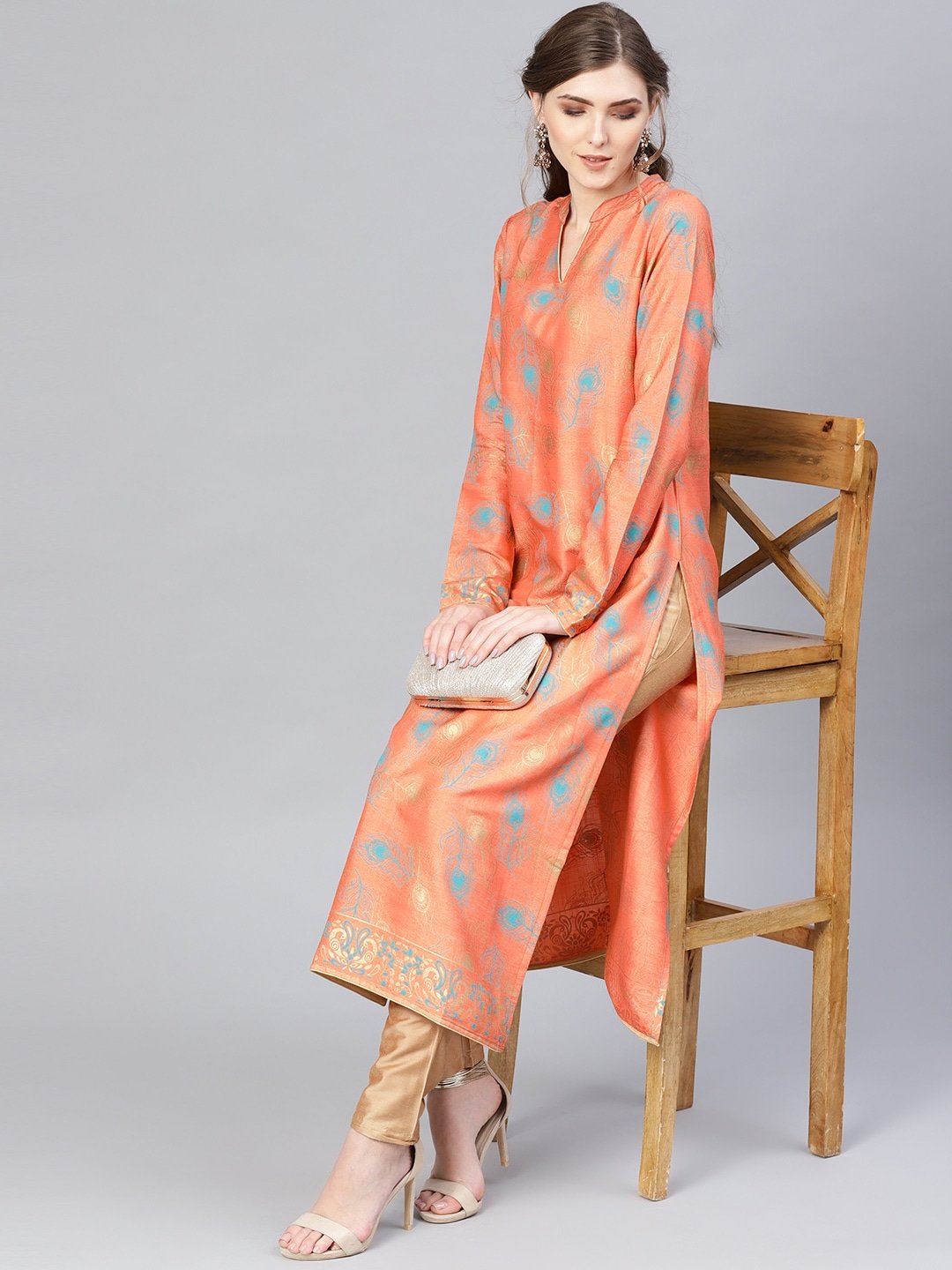 Women's  Peach-Coloured & Blue Printed Straight Kurta