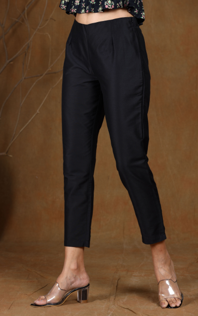 Women's Black Poly Silk Solid Straight Pants