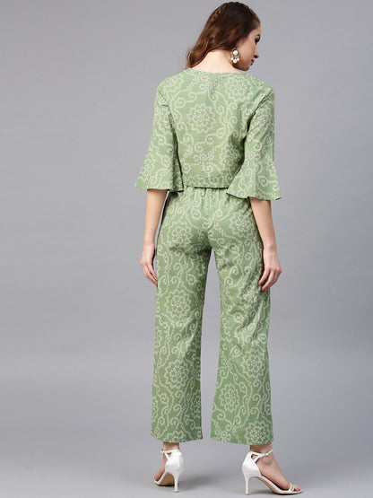 Women's  Green & White Printed Top with Palazzos