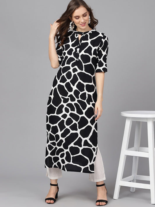 Women's  Black & White Printed Straight Kurta