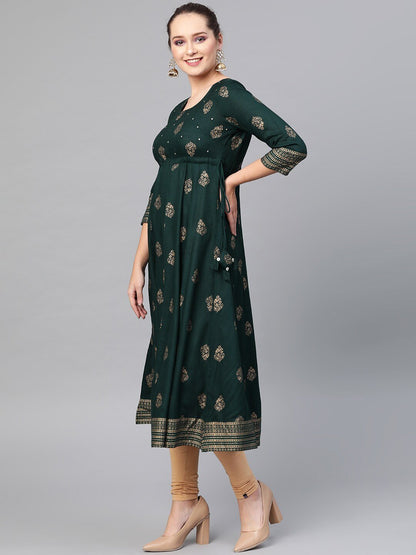 Women's  Green & Golden Screen Print A-Line Kurta