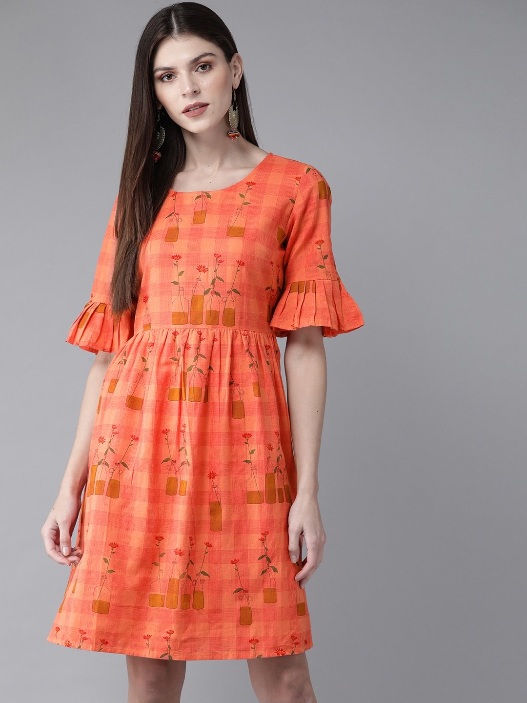 Women's  Orange & Mustard Brown Printed Fit and Flare Dress