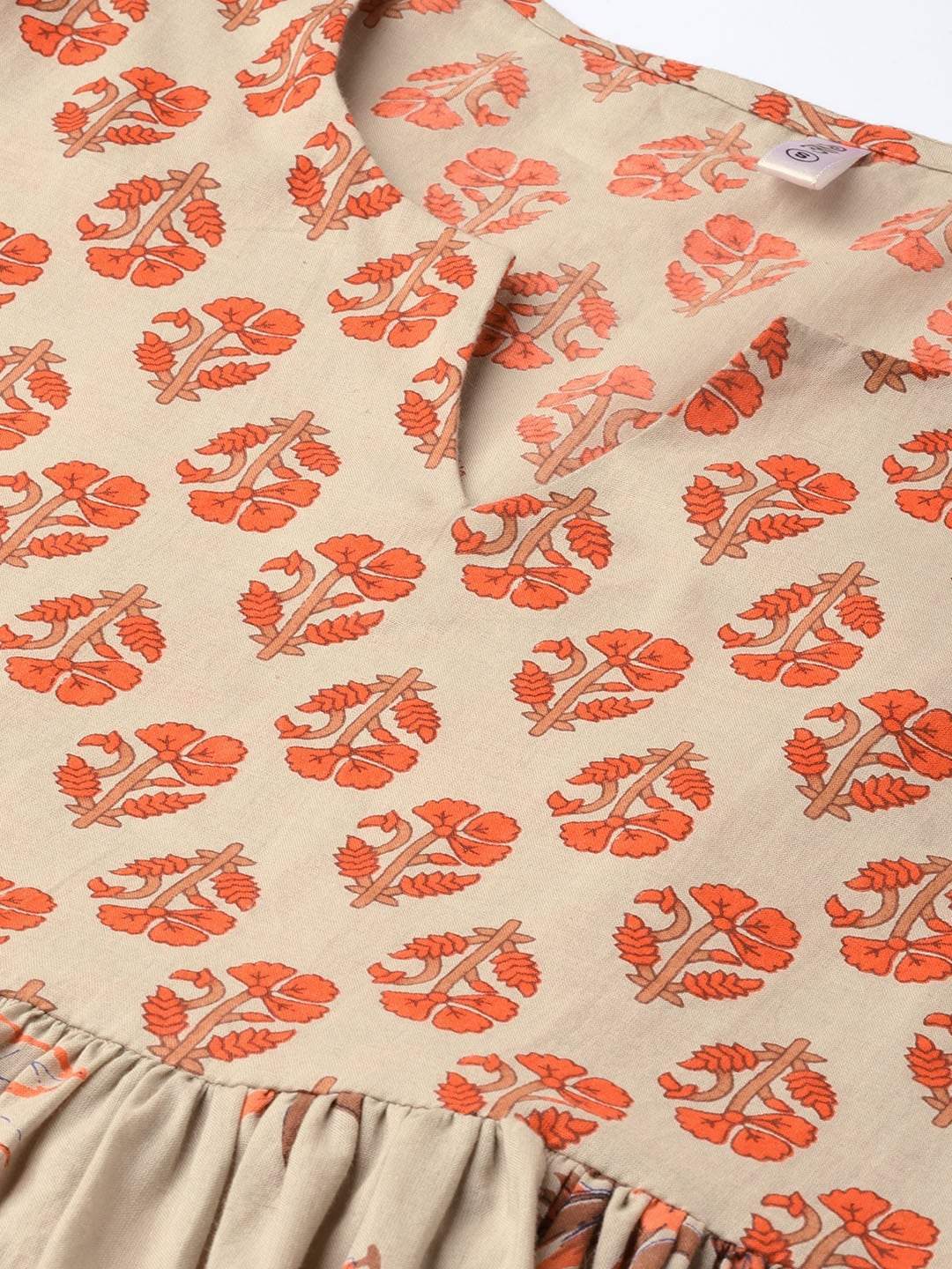 Women's  Beige & Orange Floral Printed A-Line Kurta