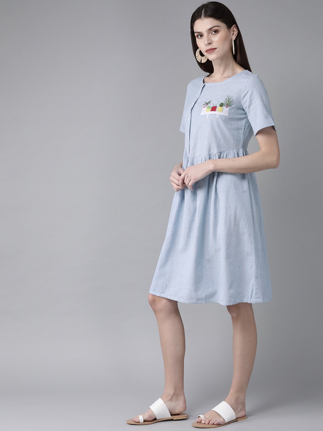 Women's  Blue Embroidered Detail A-Line Dress