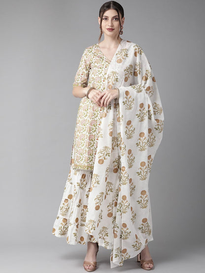 Women's  White & Olive Green Printed Kurta with Sharara