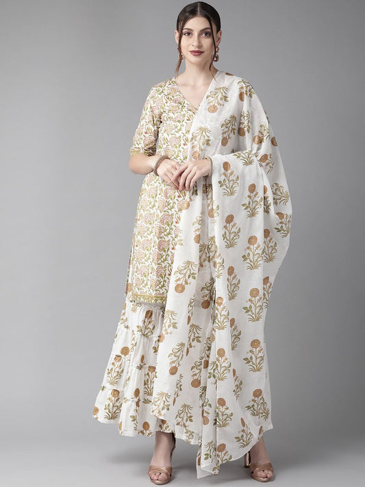 Women's  White & Olive Green Printed Kurta with Sharara