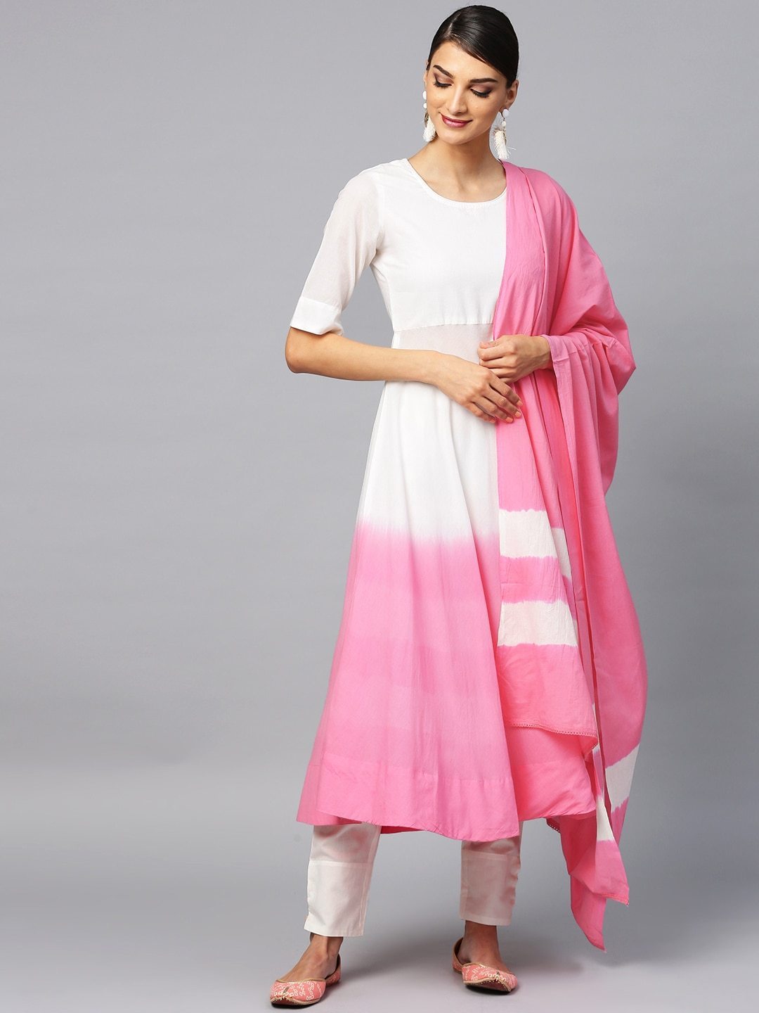 Women's  Pink & White Dyed Kurta with Trousers & Dupatta