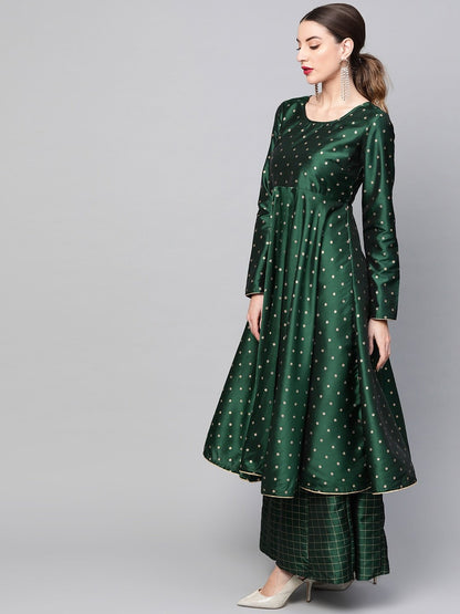 Women's  Green & Golden Woven Design Anarkali Kurta