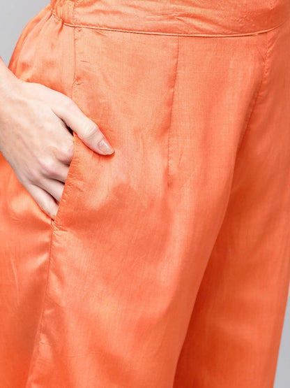 Women's  Orange Solid Straight Kurta with Palazzos & Dupatta
