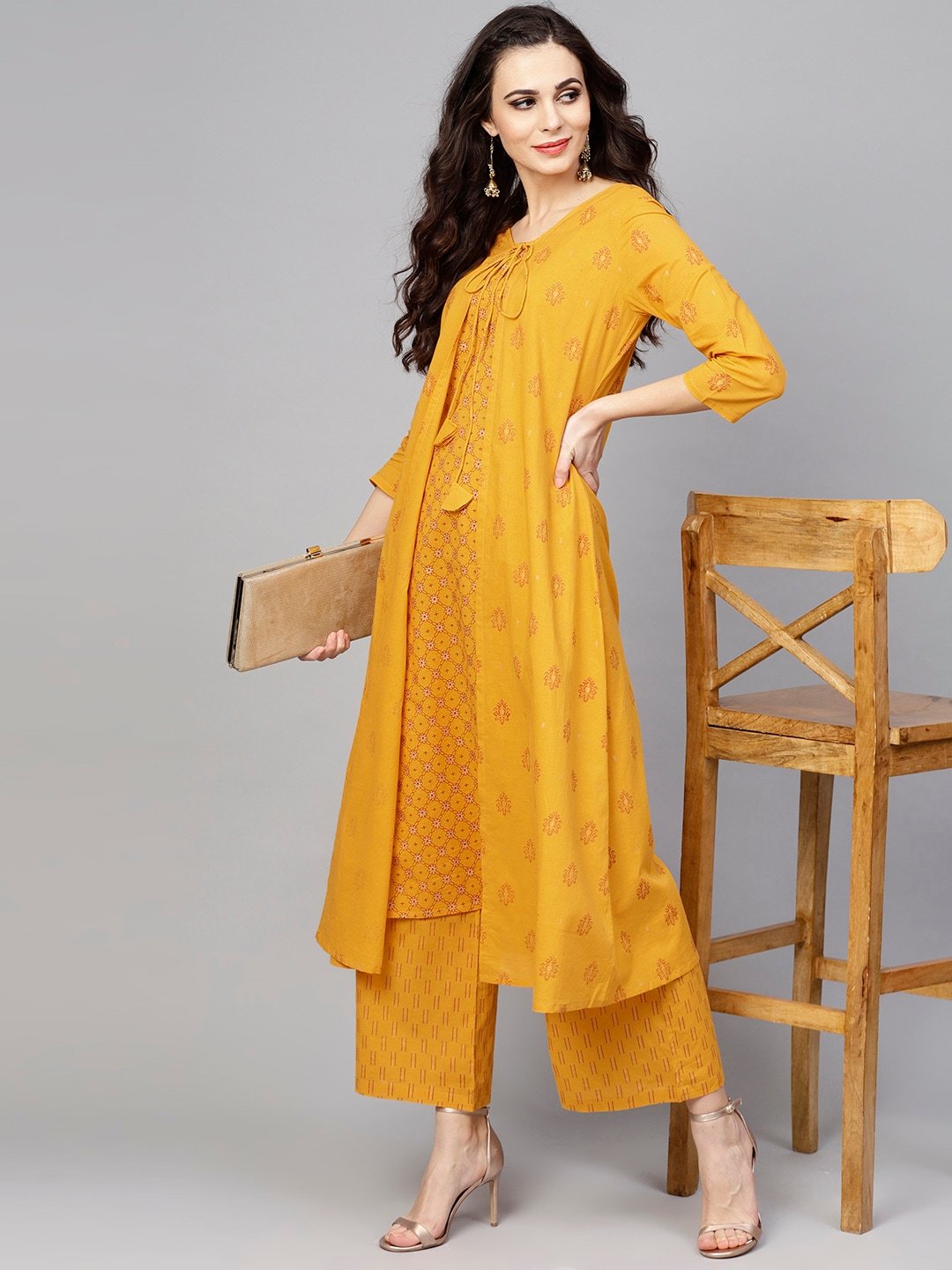 Women's  Mustard Yellow Printed Kurta with Palazzos