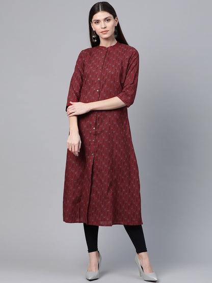 Women's  Maroon & Blue Printed A-Line Kurta