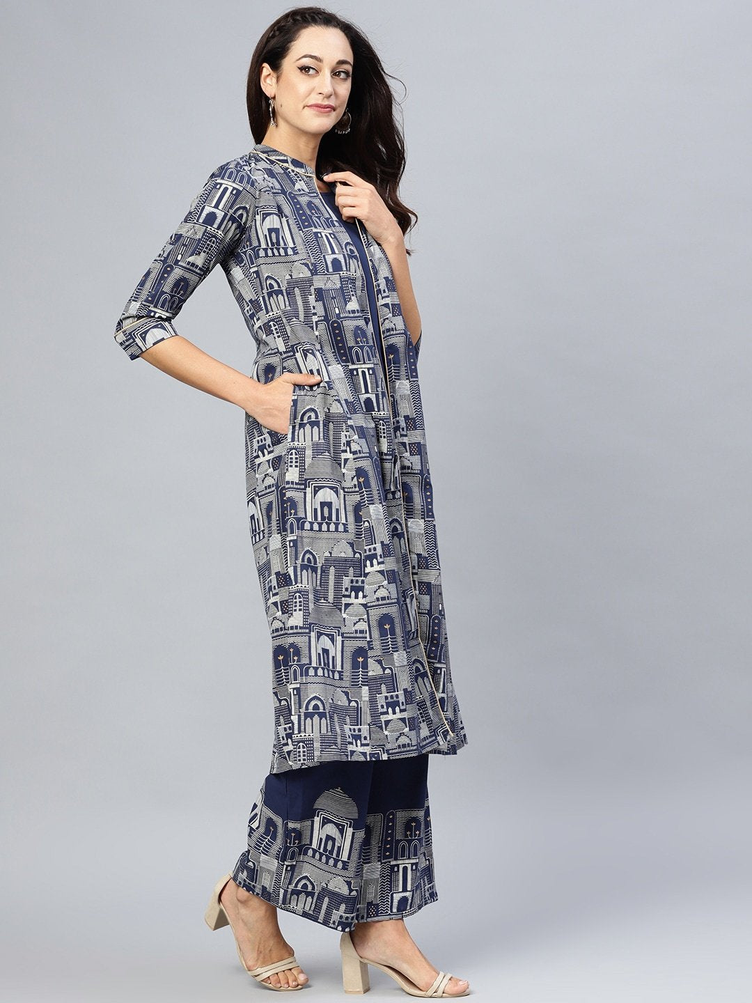 Women's  Navy Blue & Off-White Quirky Khari Print Layered A-Line Kurta