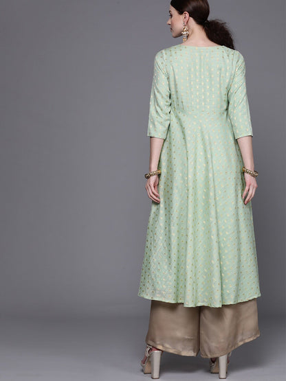 Women's  Green & Golden Woven Design Empire Anarkali Kurta