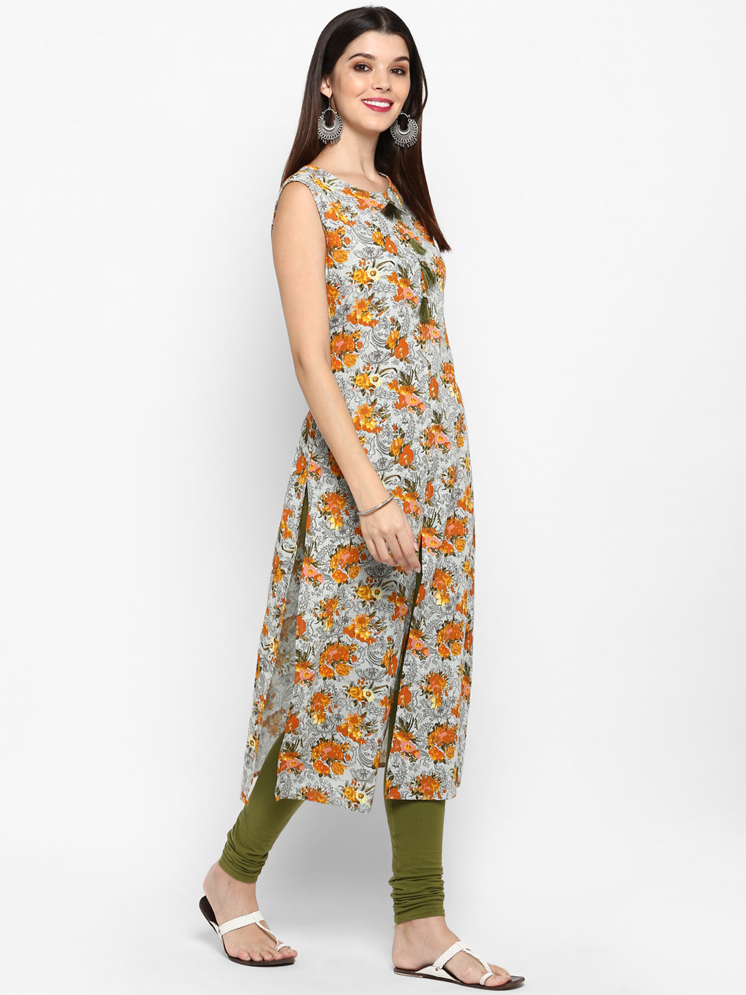 Women's Mustard & Grey Floral Printed Kurta By Vbuyz- (