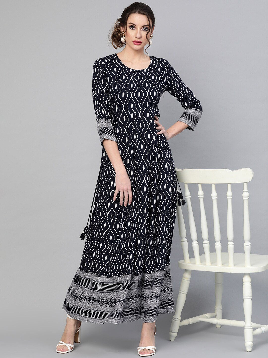 Women's  Navy Blue & White Printed Maxi Dress