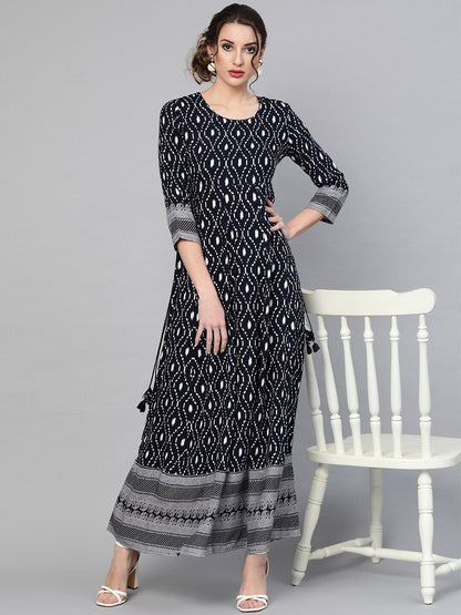 Women's  Navy Blue & White Printed Maxi Dress