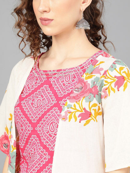 Women's  Off-White & Pink Floral Printed Open Front Shrug