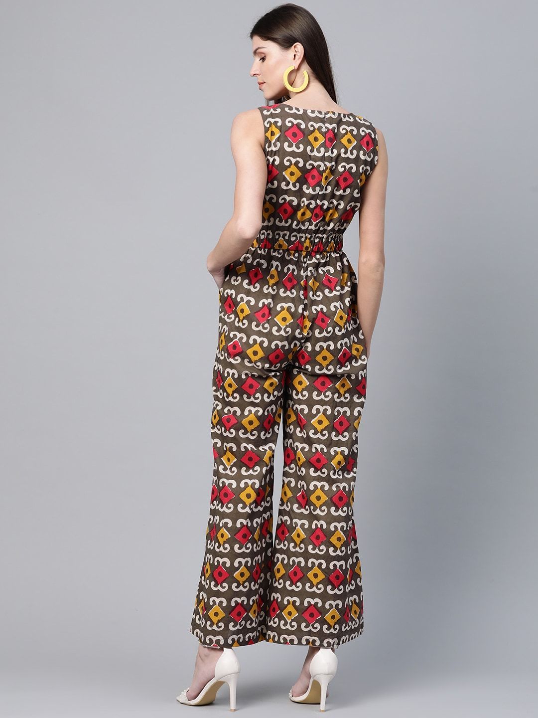 Women's  Olive Brown & Red Printed Basic Jumpsuit