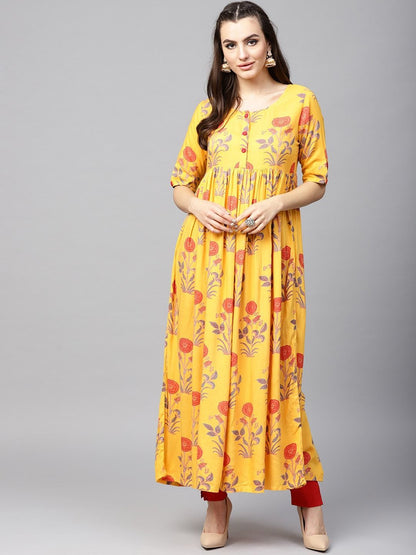Women's  Mustard Yellow & Rust Orange Printed A-Line Kurta