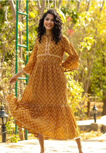 Women's Brown Georgette Printed Flared Dress