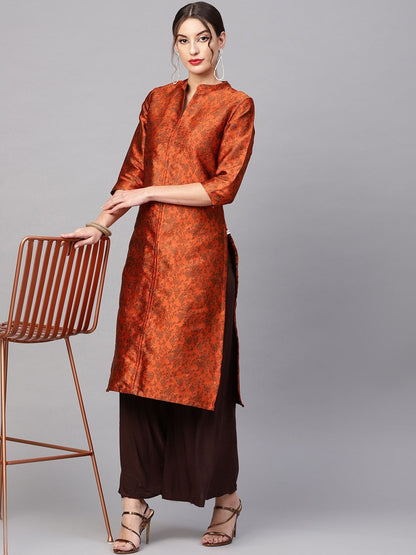 Women's  Orange & Brown Woven Design Brocade Reversible Straight Kurta