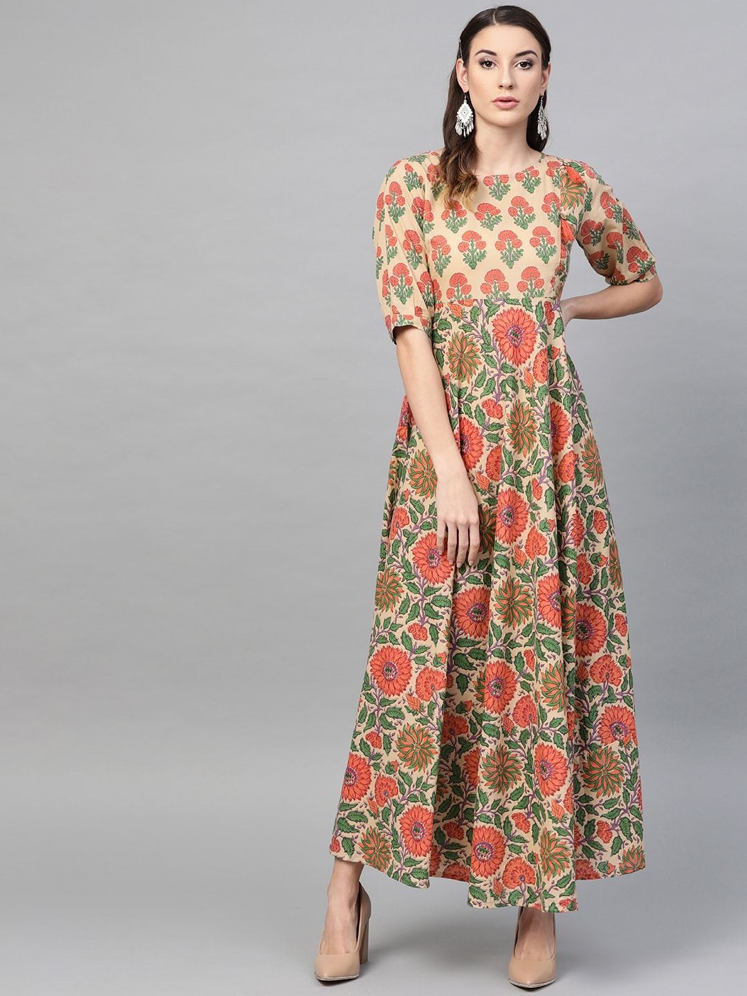Women's  Beige & Orange Printed Maxi Dress