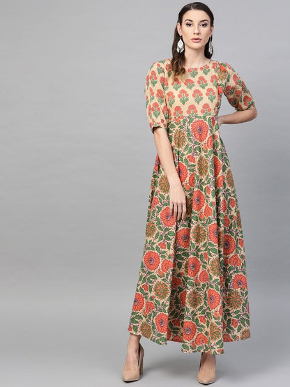 Women's  Beige & Orange Printed Maxi Dress