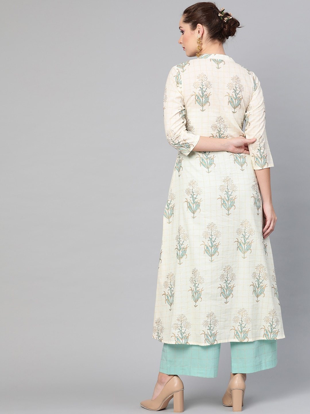 Women's  Cream-Coloured & Sea Green Printed Kurta with Palazzos