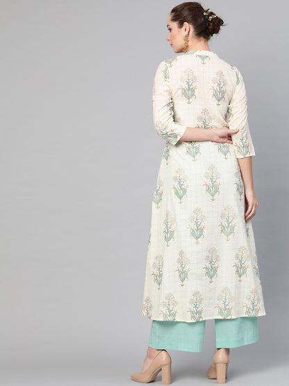 Women's  Cream-Coloured & Sea Green Printed Kurta with Palazzos