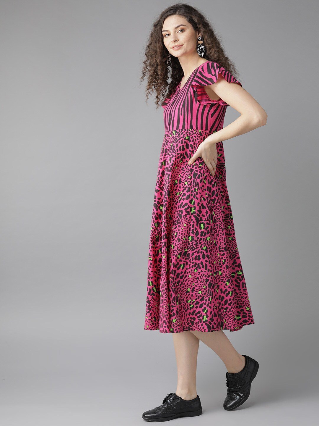 Women's  Pink & Black Animal Printed Fit and Flare Dress