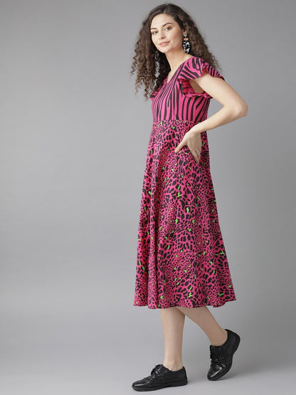 Women's  Pink & Black Animal Printed Fit and Flare Dress