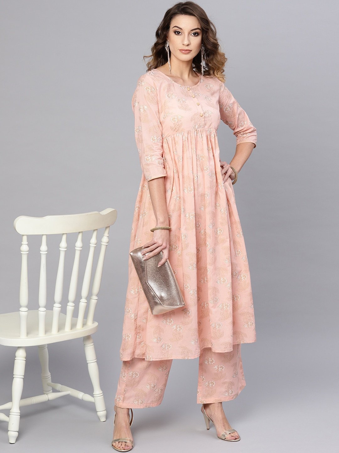 Women's  Peach-Coloured & Golden Printed Kurta with Palazzos