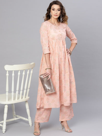 Women's  Peach-Coloured & Golden Printed Kurta with Palazzos