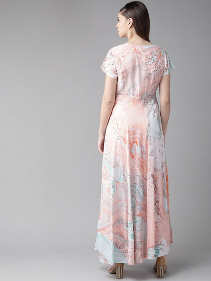 Women's  Sea Green & Coral Pink Printed Maxi Dress