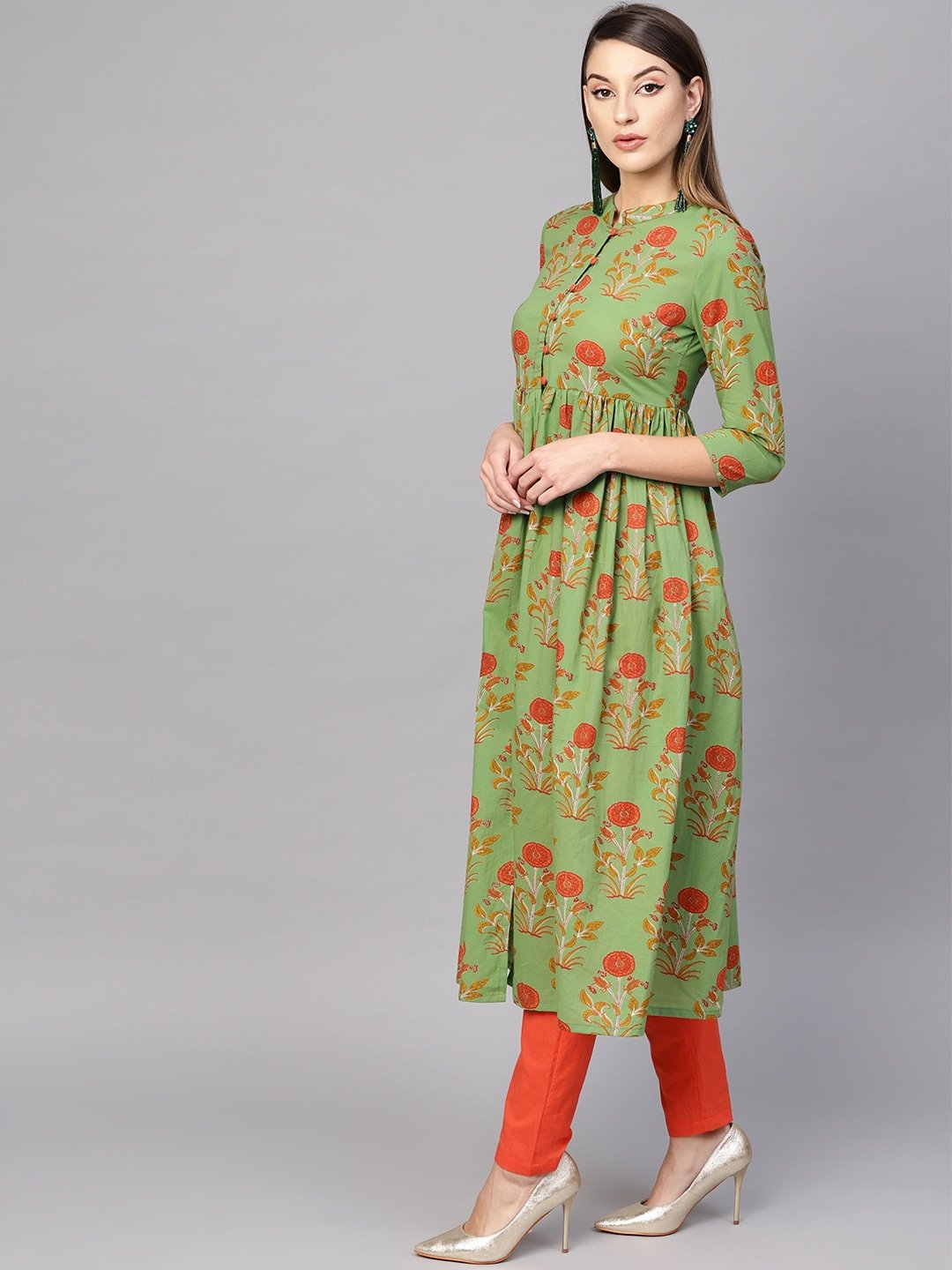 Women's  Green & Orange Printed High-Slit A-Line Kurta