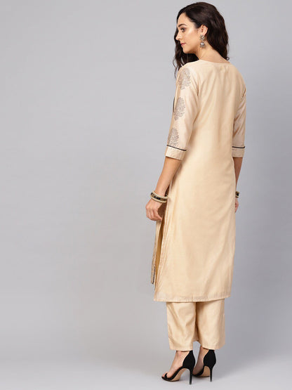 Women's  Beige & Black Block Print Kurta with Palazzos