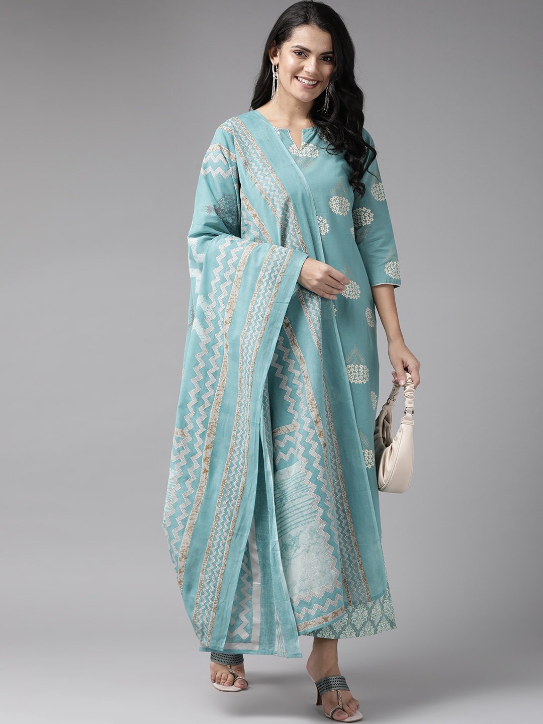 Women's Blue & Off-White Printed Kurta Set