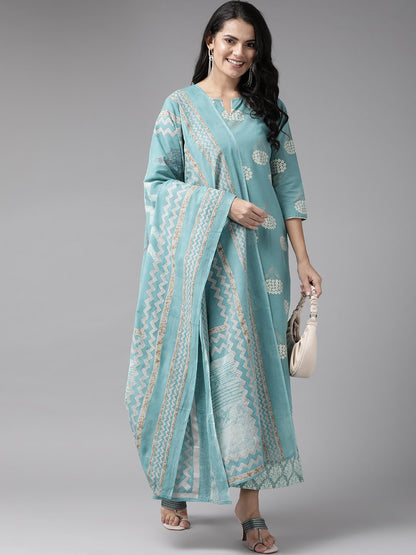 Women's Blue & Off-White Printed Kurta Set