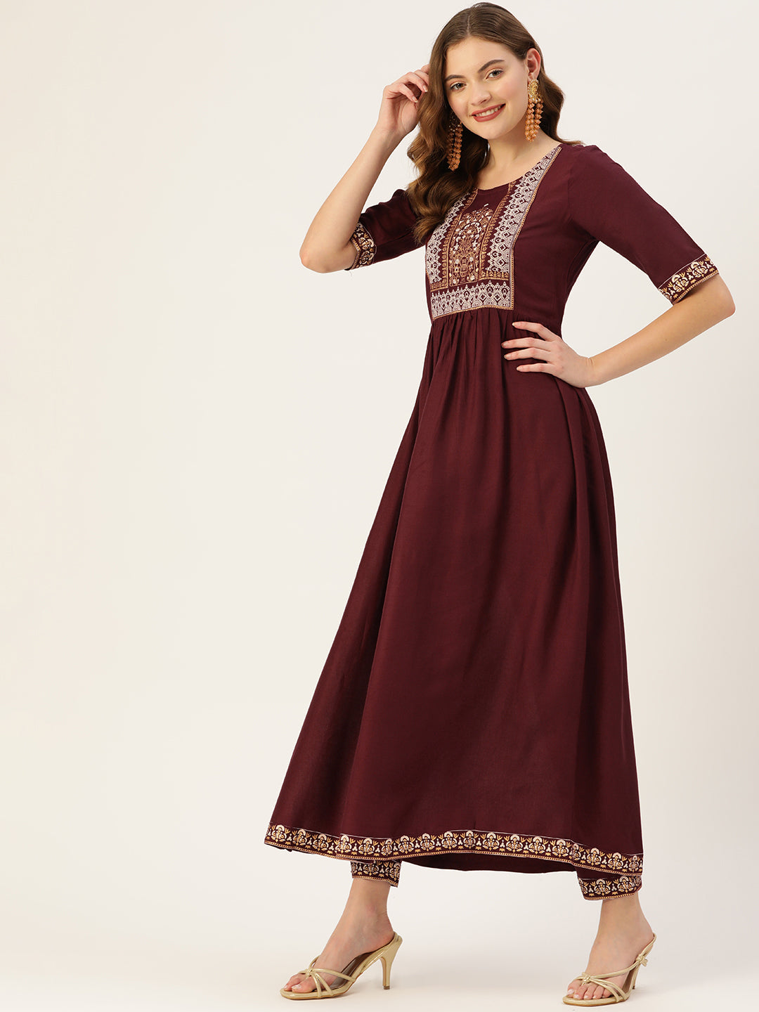 Women's Wine Rayon Panelled Printed A-Line Kurta Trouser Set With Dupatta