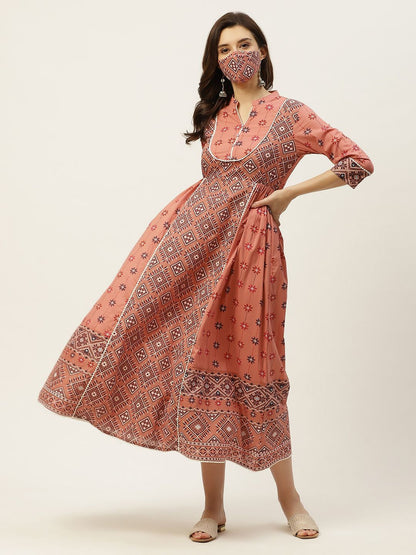 Women's Mexican Printed Flared Kurta Dress With Mask