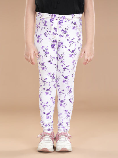 Girl's  Cotton Floral Printed Jegging And Red Top Set - S