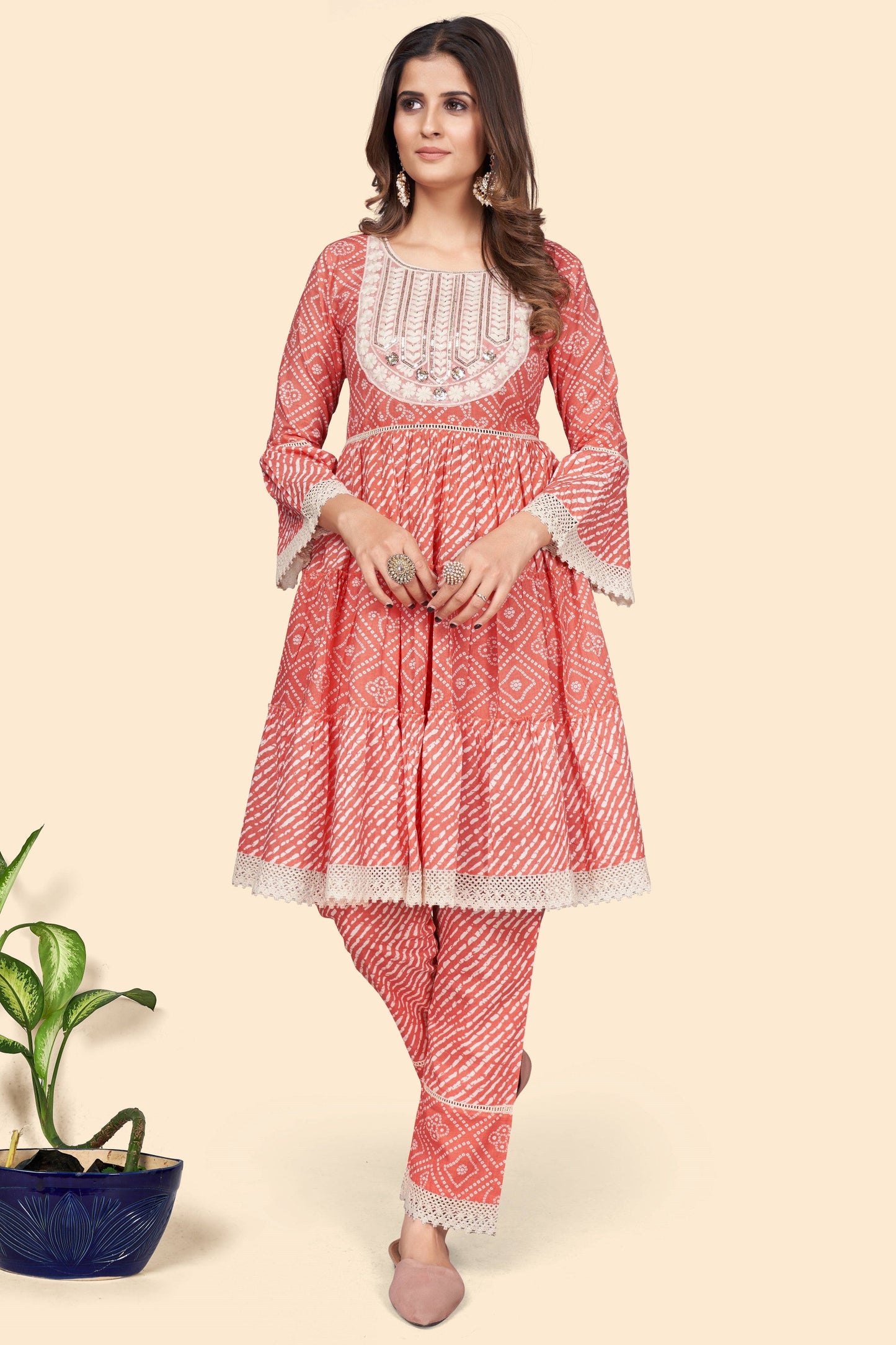 Women's Bandhani Print & Embroidered Flared Cotton Orange Stitched Top With Pant