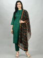 Women's Green Silk Blend Solid 3/4 Sleeve Mandarin Neck Casual Kurta Pant Dupatta Set
