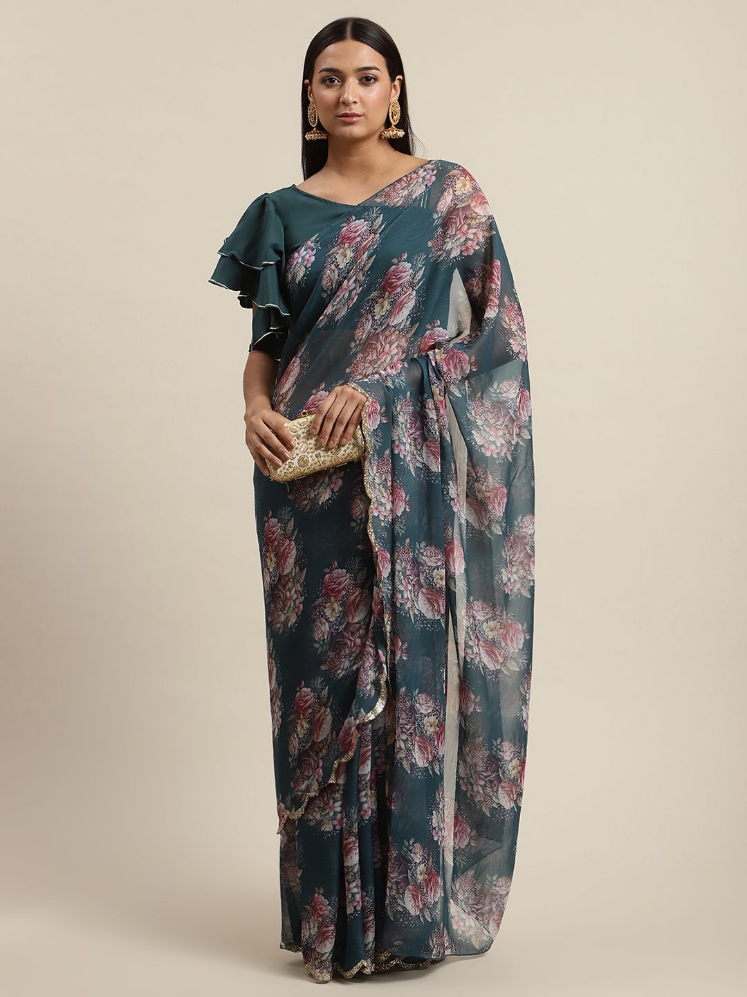 Women's Green Chiffon Digital Print Floral Saree