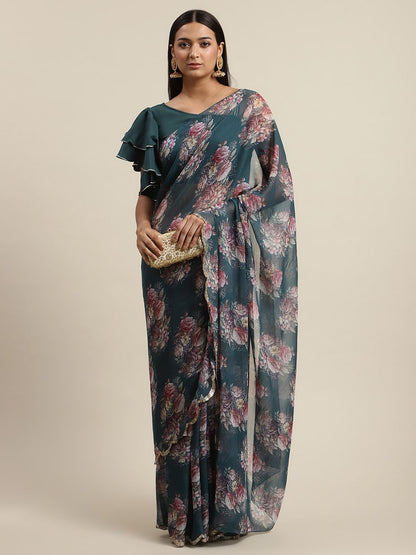 Women's Green Chiffon Digital Print Floral Saree