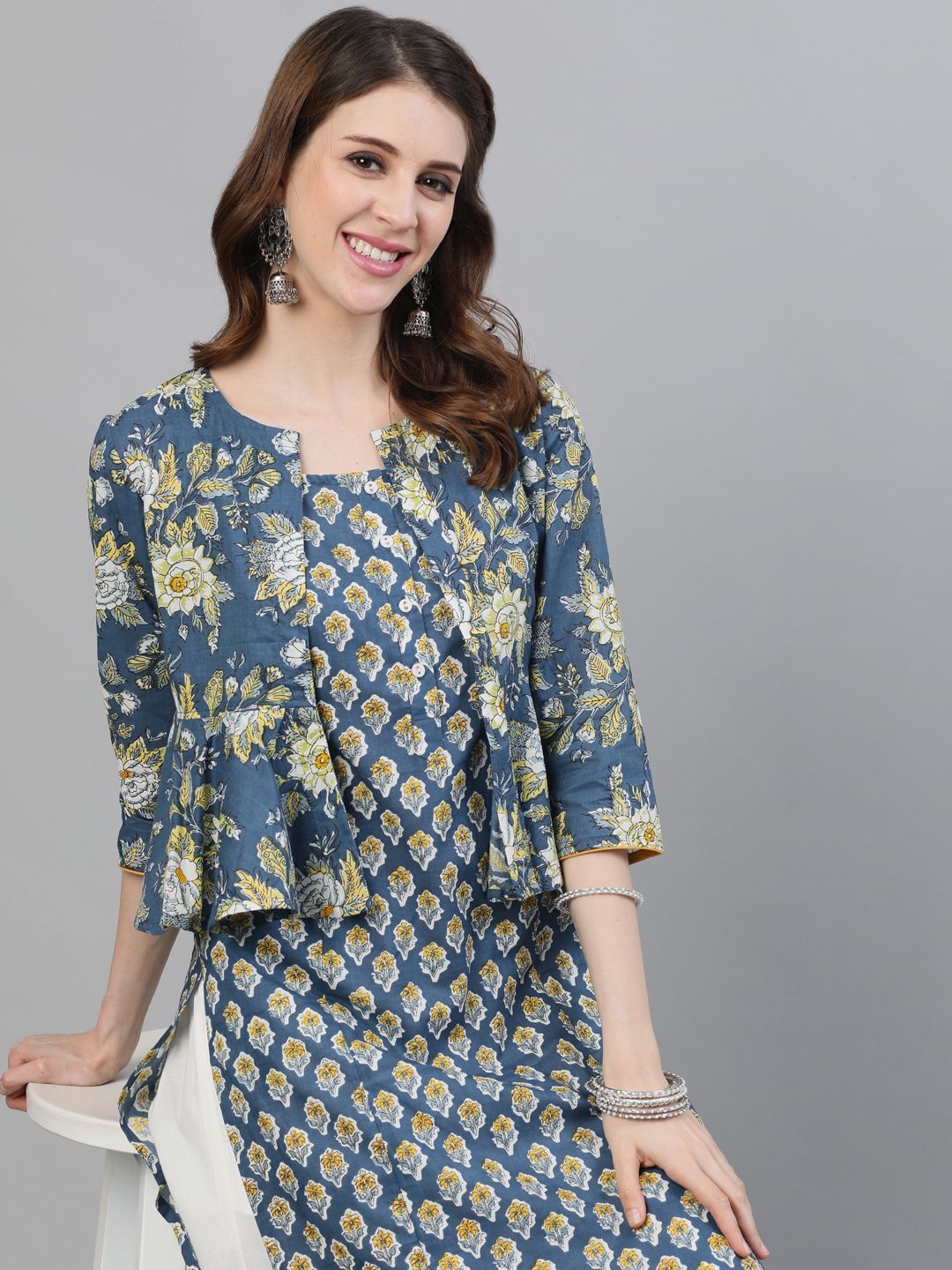 Women's Blue Floral Printed Straight Kurta With Jacket