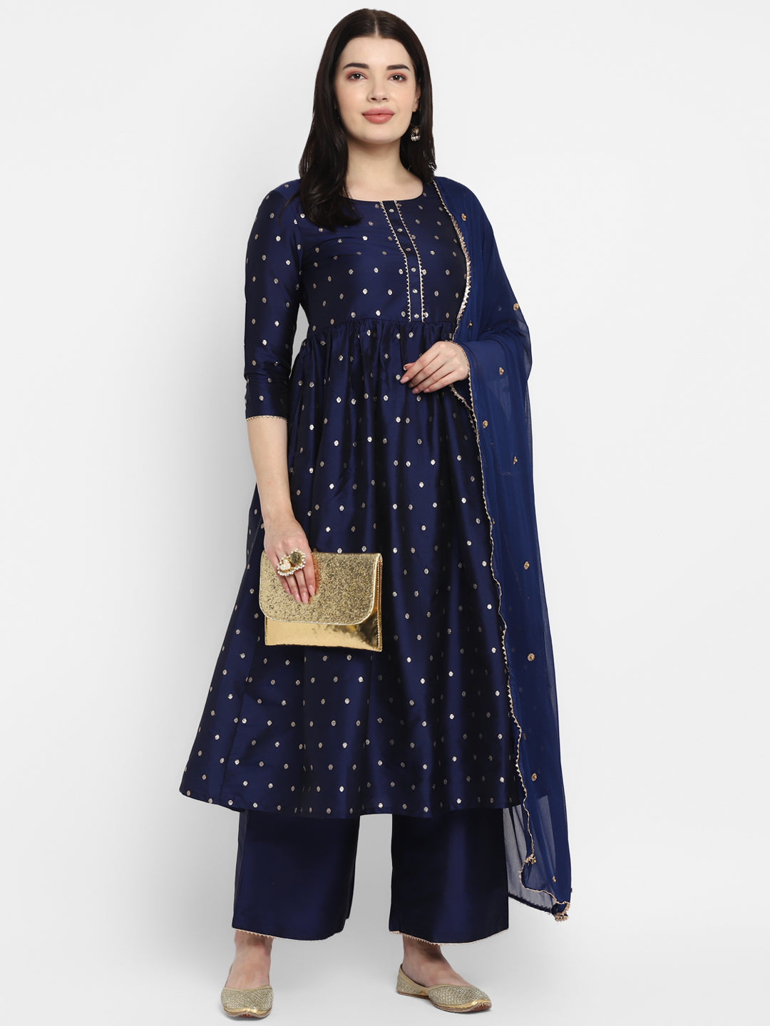 Women's Navy Blue Color Polyster blend self Design Kurta Pant With Dupatta