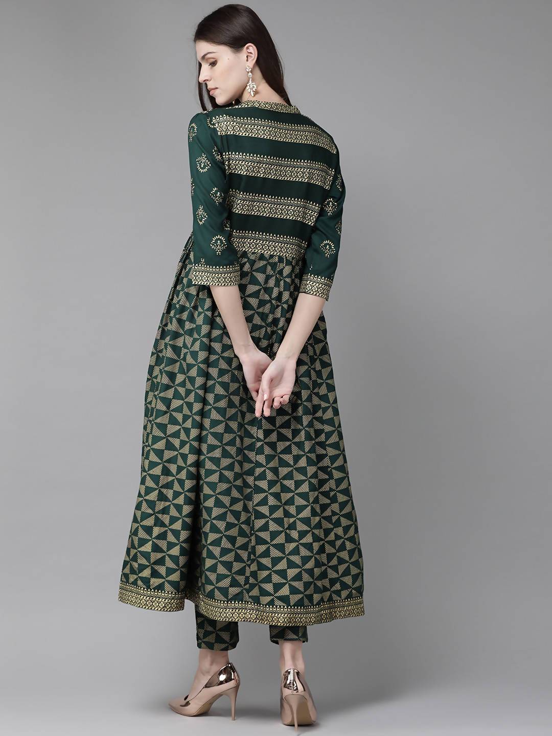 Women's Jade Green Rayon Slub Printed Jacket Style Kurta With Pants